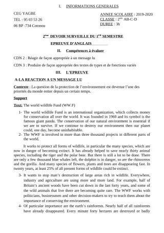 Première page de Anglais 2nde A, 2nde A1, 2nde A2, 2nde C, 2nde D — 2e devoir surveillé, 1er semestre (2019-2020) · CEG Yagbe
