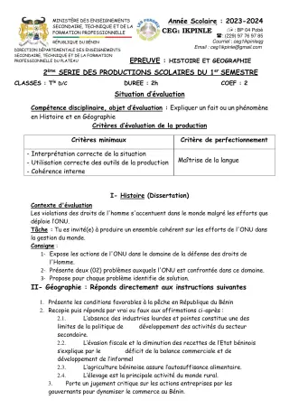 Première page de Histoire-Géographie 6e, 5e, 4e, 3e, 2nde A, 2nde C, 1ère A, 1ère C, 1ère D, Tle A1, Tle A2, Tle C, Tle D — 2e production scolaire, 1er semestre (2023-2024) · CEG1 Ikpinlè