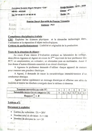 Première page de PCT 4e, 4e ML — 1er devoir surveillé (2019-2020) · CPEG SEGUIN SENGHOR
