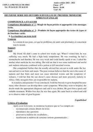 Première page de Anglais 4e, 4e ML — 2e devoir surveillé, 1er trimestre (2021-2022) · CEPG La Prunelle de Dieu
