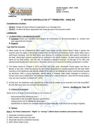 Première page de Anglais 4e, 4e ML — 1er devoir surveillé, 2e trimestre (2019-2020) · CPEG LE PHARAON