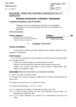 Première page de Histoire-Géographie 1ère C, 1ère D — 2e devoir surveillé, 2e semestre (2019-2020) · CEG l'Océan