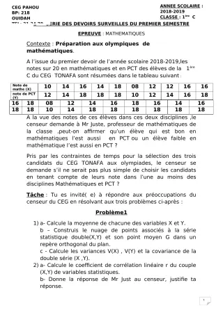 Première page de Mathématiques 1ère C — Devoir surveillé, 1er semestre (2018-2019) · CEG PAHOU