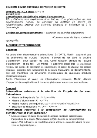 Première page de PCT 2nde C, 2nde D — 2e devoir surveillé, 1er semestre (2019-2020) · CEG GBEGAMEY