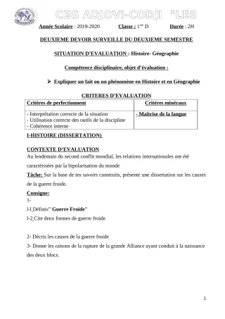 Première page de Histoire-Géographie 1ère D — 2e devoir surveillé, 2e semestre (2019-2020) · CEG ADJOVICODJI 'LES OLIVIERS'