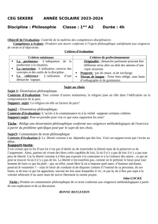 Première page de Devoir surveillé de PHILO — 1ère A2 — CEG SEKERE (2023)