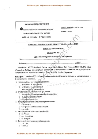Première page de Informatique 6ème – Composition du 1er trimestre 2025-2026 – Origines de l’ordinateur et distinction matériel - logiciel – Collège Catholique Père Aupiais