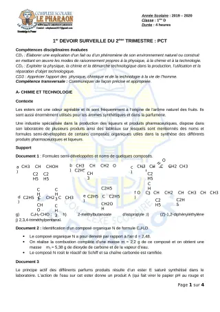 Première page de PCT 1ère D — 1er devoir surveillé, 2e trimestre (2019-2020) · CPEG LE PHARAON