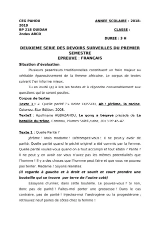 Première page de Français 2nde A & B, 2nde C, 2nde D — 2e devoir surveillé, 1er semestre (2018-2019) · CEG PAHOU