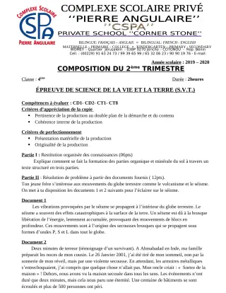 Première page de SVT 4e, 4e ML — Composition (2019-2020) · CPEG PIERRE ANGULAIRE