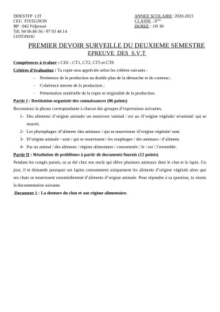 Première page de SVT 6e — 1er devoir surveillé, 2e semestre (2020-2021) · CEG FIYEGNON