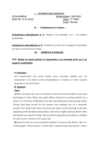 Première page de Devoir surveillé de ANGLAIS — 1ère A1, 1ère A2, 1ère B, 1ère C, 1ère D — CEG LE NOKOUE (2020)