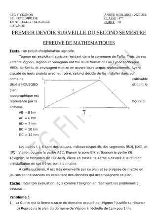 Première page de Mathématiques 4e — 1er devoir surveillé, 2e semestre (2020-2021) · CEG FIYEGNON