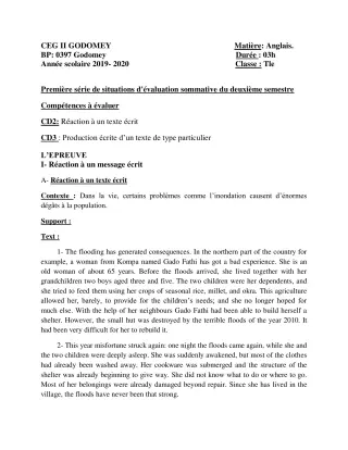 Première page de Anglais Tle A2, Tle B, Tle C, Tle D, Tle EFS — Évaluation sommative, 2e semestre (2019-2020) · CEG2 Godomey