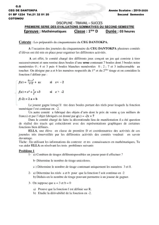Première page de Mathématiques 1ère D — 1re évaluation sommative, 2e semestre (2019-2020) · CEG Dantokpa