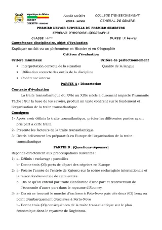 Première page de Histoire-Géographie 4e — 1er devoir surveillé, 1er semestre (2021-2022) · CEG SEKERE
