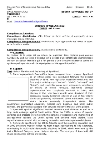 Première page de Anglais Tle A2, Tle B — Devoir surveillé, 1er trimestre (2019-2020) · CPEG LICA