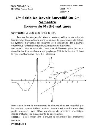 Première page de Mathématiques 1ère D — 1er devoir surveillé, 2e semestre (2019-2020) · CEG Akassato