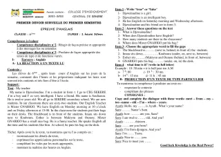 Première page de Anglais 6e — 1er devoir surveillé, 1er semestre (2021-2022) · CEG SEKERE