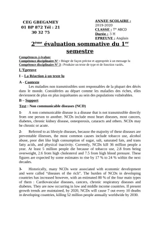 Première page de Anglais Tle A, Tle B, Tle C, Tle D — 2e évaluation sommative, 1er semestre (2019-2020) · CEG GBEGAMEY