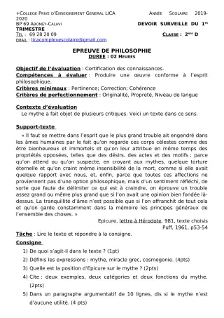 Première page de Philosophie 2nde C, 2nde D — Devoir surveillé, 1er trimestre (2019-2020) · CPEG LICA