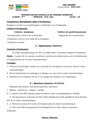 Première page de Histoire-Géographie 4e — 1er devoir surveillé, 1er semestre (2023-2024) · CEG SEKERE