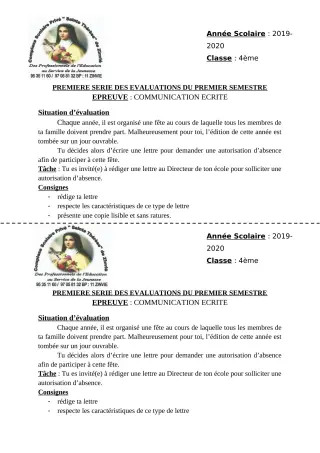 Première page de Français 4e — 1re évaluation sommative, 1er semestre (2019-2020) · CPEG Ste Thérèse de Zinvié