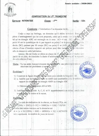 Première page de Mathématiques 3e, 3e ML — Composition (2020-2021) · CPEG ROSAIRE