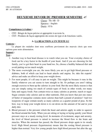 Première page de Anglais Tle A & B, Tle A1, Tle A2, Tle B, Tle D — 2e devoir surveillé, 1er semestre (2019-2020) · CEG Attogon