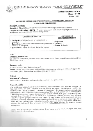 Première page de Philosophie 1ère B — 2e devoir surveillé, 2e semestre (2019-2020) · CEG ADJOVICODJI 'LES OLIVIERS'