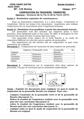 Première page de SVT 6e, 1ère A2, 1ère B, 1ère C, 1ère D — Composition, 3e trimestre (2023-2024) · CPEG SAINT Justin