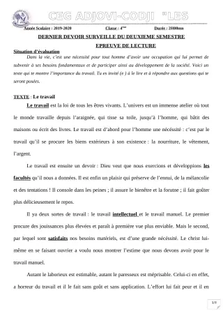 Première page de Français 4e — Devoir surveillé, 2e semestre (2019-2020) · CEG ADJOVICODJI 'LES OLIVIERS'
