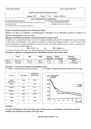Première page de SVT 1ère A1, 1ère A2, 1ère B — 1er devoir surveillé, 1er semestre (2020-2021) · CEG ZONGO