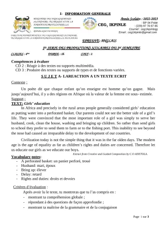 Première page de Anglais 4e — 1re production scolaire, 2e semestre (2022-2023) · CEG1 Ikpinlè