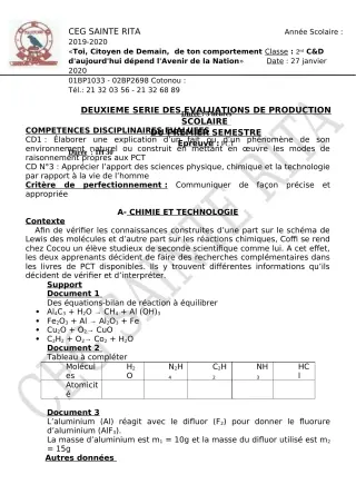Première page de PCT 2nde C, 2nde D — 1er semestre (2019-2020) · CEG Sainte Rita