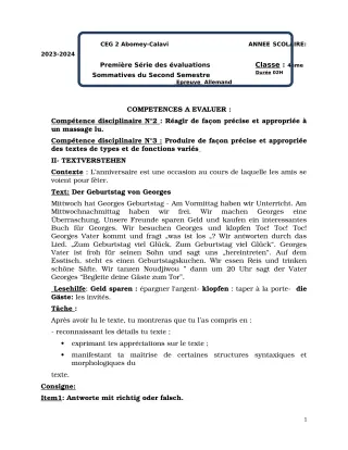 Première page de Allemand 4e — 1re évaluation sommative, 2e semestre (2023-2024) · CEG2 ABOMEY - CALAVI (CEG ZOCA)