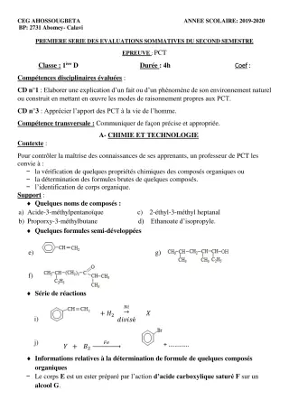 Première page de PCT 1ère D — 1re évaluation sommative, 2e semestre (2019-2020) · CEG Ahossougbéta