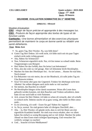 Première page de Allemand Tle A, Tle B — 2e évaluation sommative (2019-2020) · CEG GBEGAMEY