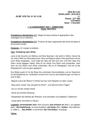 Première page de Devoir surveillé de ALLEMAND — 2nde A, 2nde B — CEG du Lac (2018)