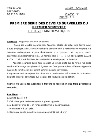 Première page de Mathématiques 3e — 1er devoir surveillé, 1er semestre (2022-2023) · CEG PAHOU