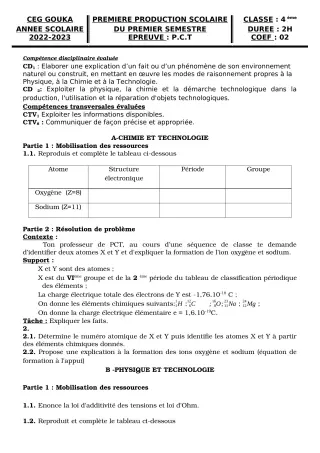 Première page de PCT 4e — 1re production scolaire, 1er semestre (2022-2023) · CEG GOUKA