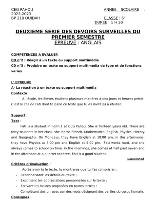 Première page de Anglais 6e — 2e devoir surveillé, 1er semestre (2022-2023) · CEG PAHOU