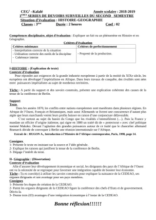 Première page de Histoire-Géographie 3e, 3e ML — 1er devoir surveillé, 2e semestre (2018-2019) · CEG1 Kalalé