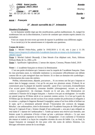 Première page de Français 4e, 1ère A2, 1ère B, 1ère C, 1ère D — 1er devoir surveillé, 1er trimestre (2021-2022) · CPEG SAINT Justin