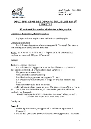 Première page de Histoire-Géographie 5e — 2e devoir surveillé, 1er semestre (2018-2019) · CEG Sékou