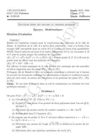 Première page de Mathématiques Tle D — 2e devoir surveillé, 1er semestre (2019-2020) · CEG Dantokpa