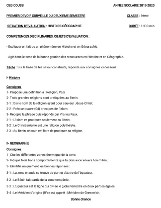 Première page de Histoire-Géographie 6e — 1er devoir surveillé, 2e semestre (2019-2020) · CEG COUSSI