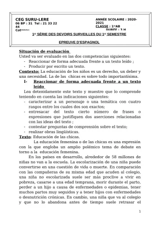 Première page de Espagnol 1ère A, 1ère B — 1er devoir surveillé, 1er semestre (2020-2021) · CEG SURU-LERE