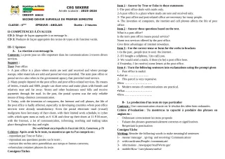Première page de Anglais 4e — 2e devoir surveillé, 1er semestre (2023-2024) · CEG SEKERE