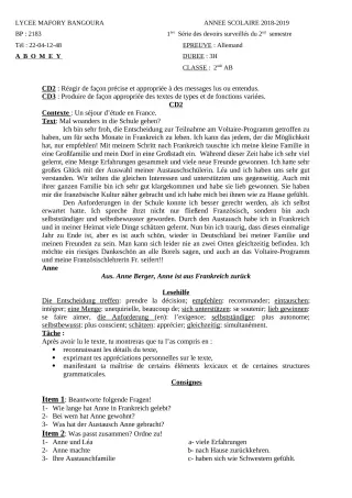 Première page de Allemand 2nde A & B — 1er devoir surveillé, 2e semestre (2018-2019) · Lycée Houegbadja d'Abomey (Ex Mafory Bangoura)